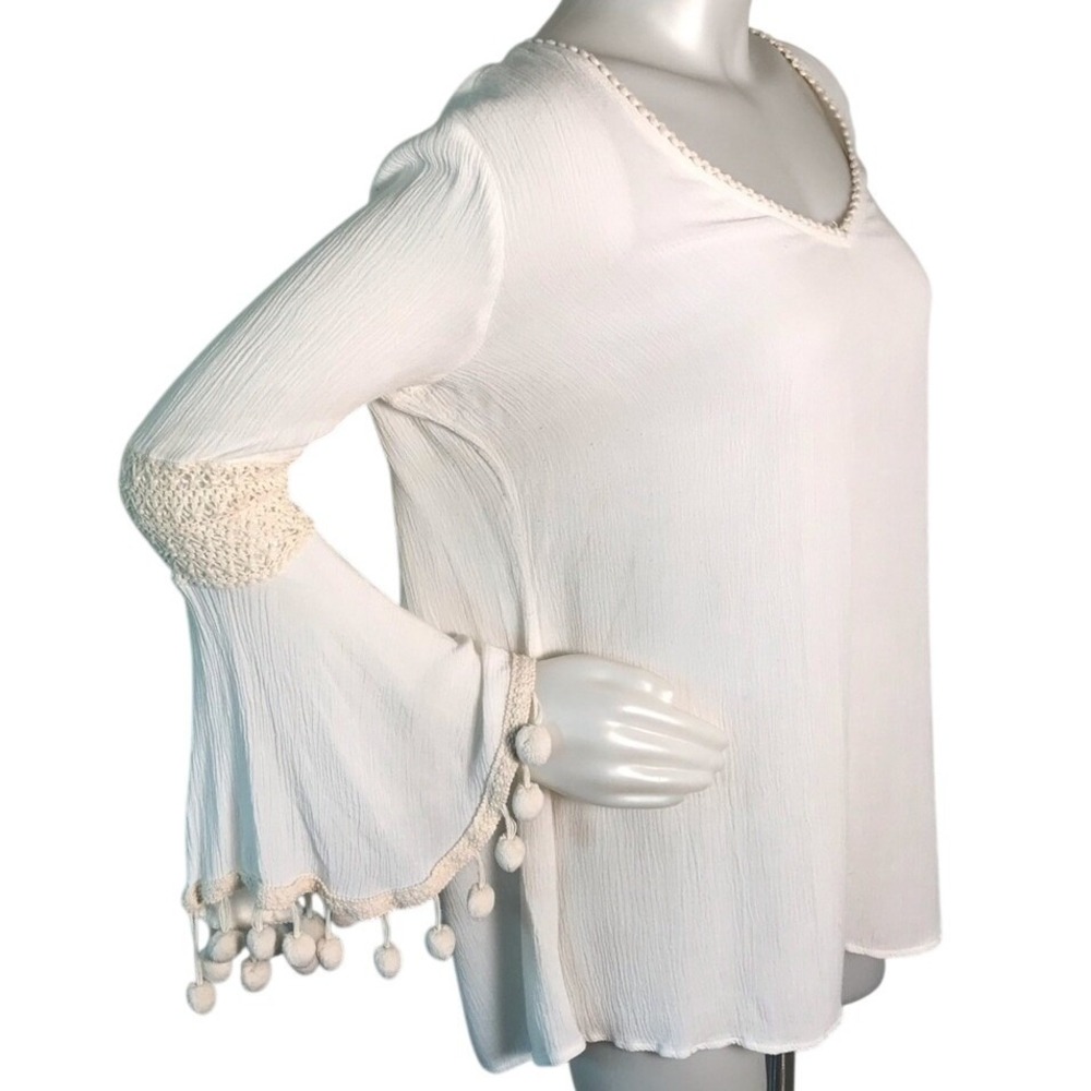 SOLITAIRE‎ SWIM CREAM TRUMPET SLEEVE POM POM TOP